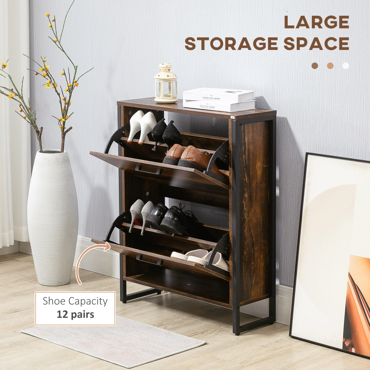 HOMCOM 2 Flip Door Shoe Cabinet with Internal Dividers – Slim Hallway Shoe Storage, Rustic Brown