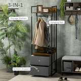 Industrial Clothes Rail with 2 Fabric Drawers & Top Shelf – Open Wardrobe Storage, Rustic Brown
