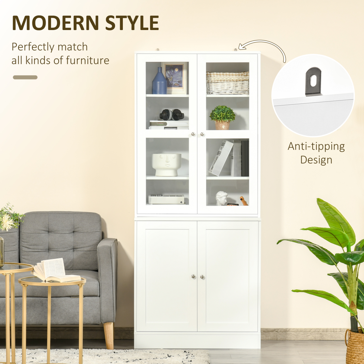 HOMCOM Modern Bookcase Display Storage Cabinet with Doors & Adjustable Shelves – Living Room & Office Storage