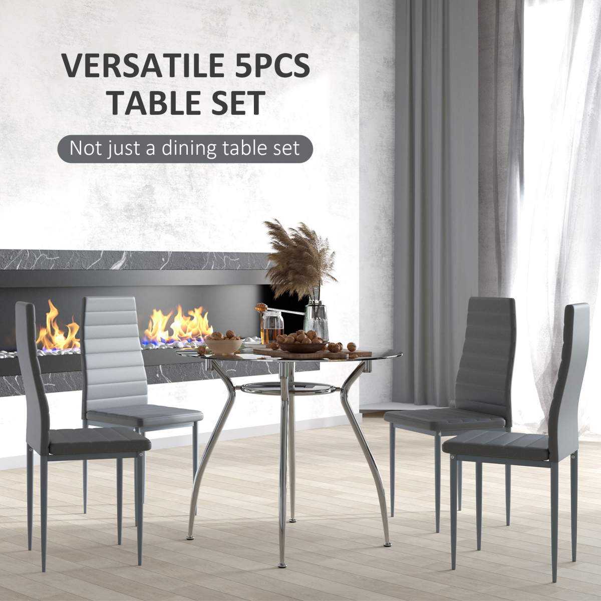 HOMCOM Round Glass Dining Table Set with 4 Cushioned Chairs – Metal Frame Kitchen Dining Set