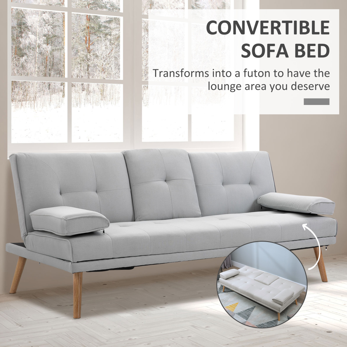 HOMCOM Scandi 3 Seater Sofa Bed with Adjustable Recline & Fold-Down Middle Table – Metal Frame Guest Bed