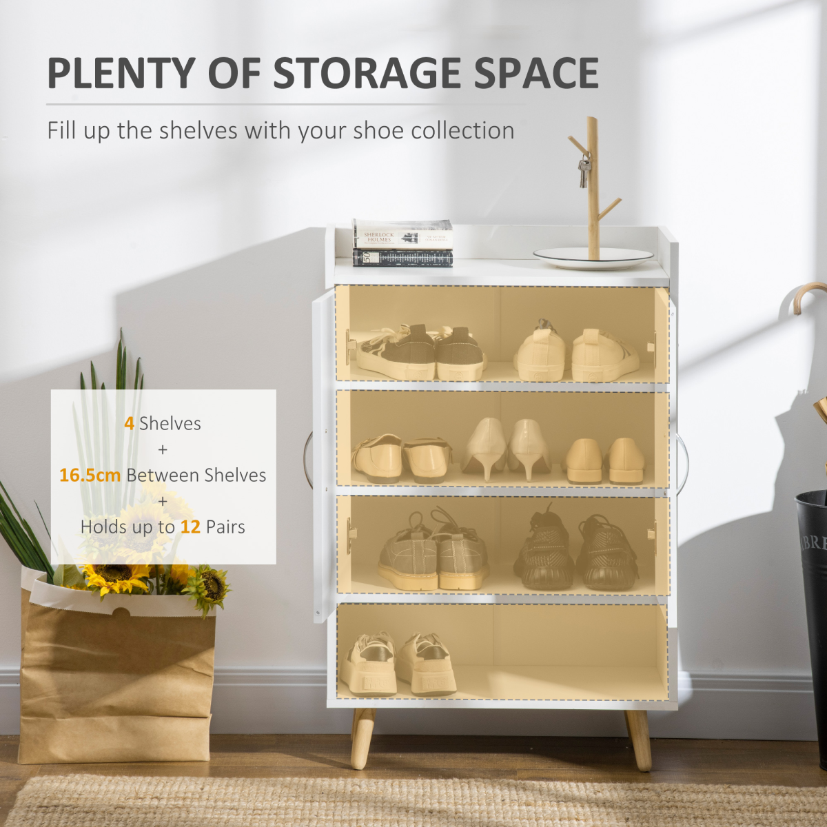 Modern Shoe Cabinet with Doors & 4 Shelves – Hallway Storage for 12 Pairs of Shoes