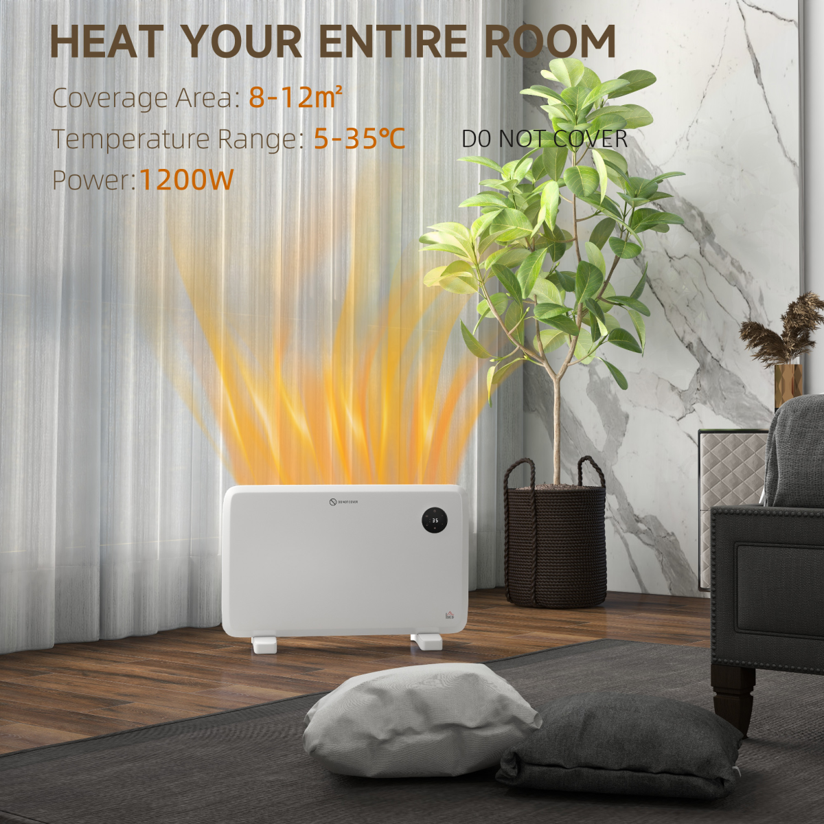 HOMCOM 1200W Electric Convector Heater with Quiet Fanless Design & LED Display – Freestanding or Wall Mounted, White