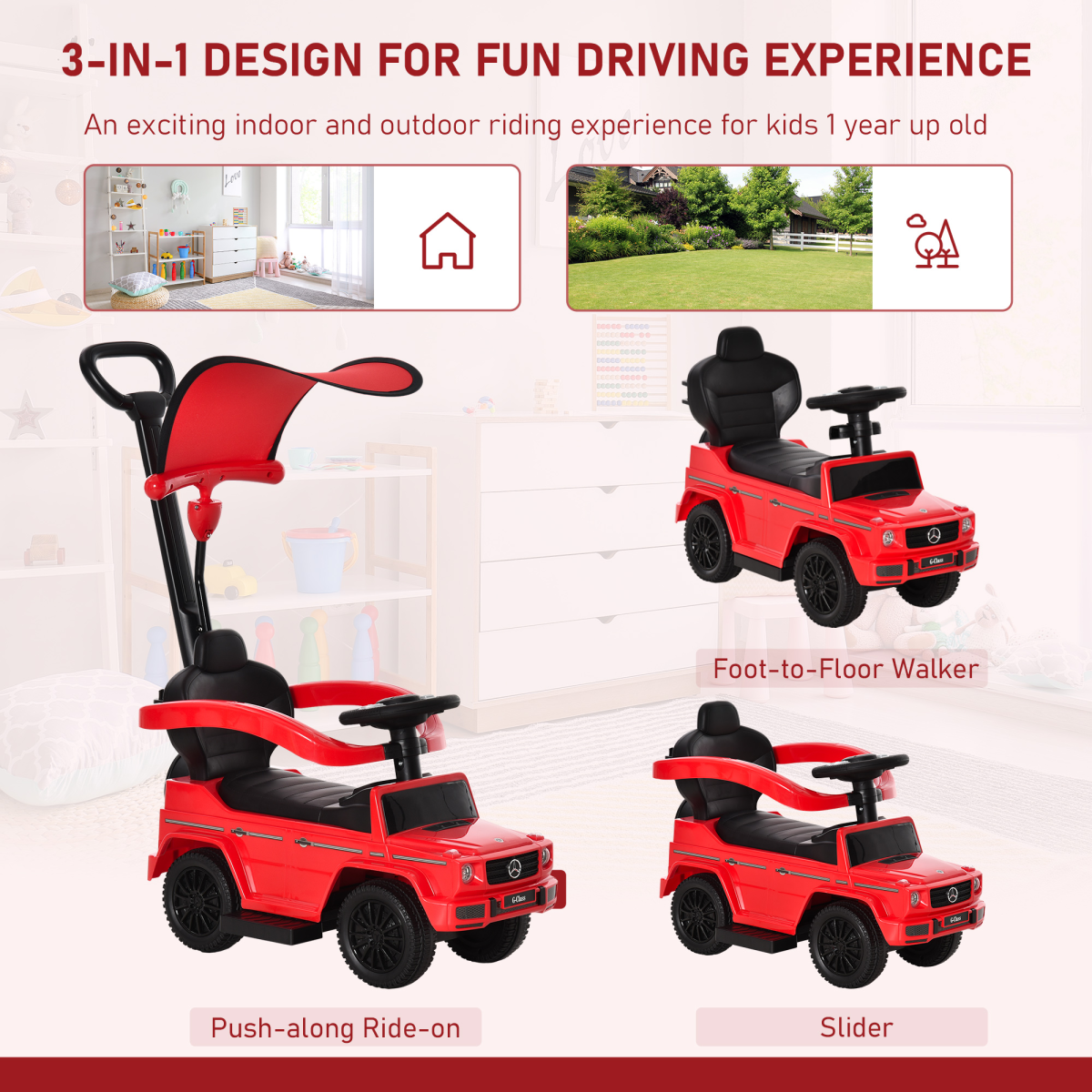 HOMCOM Mercedes-Benz G350 Ride-On Sliding Car with Canopy & Under-Seat Storage – Toddler Floor Slider, Red