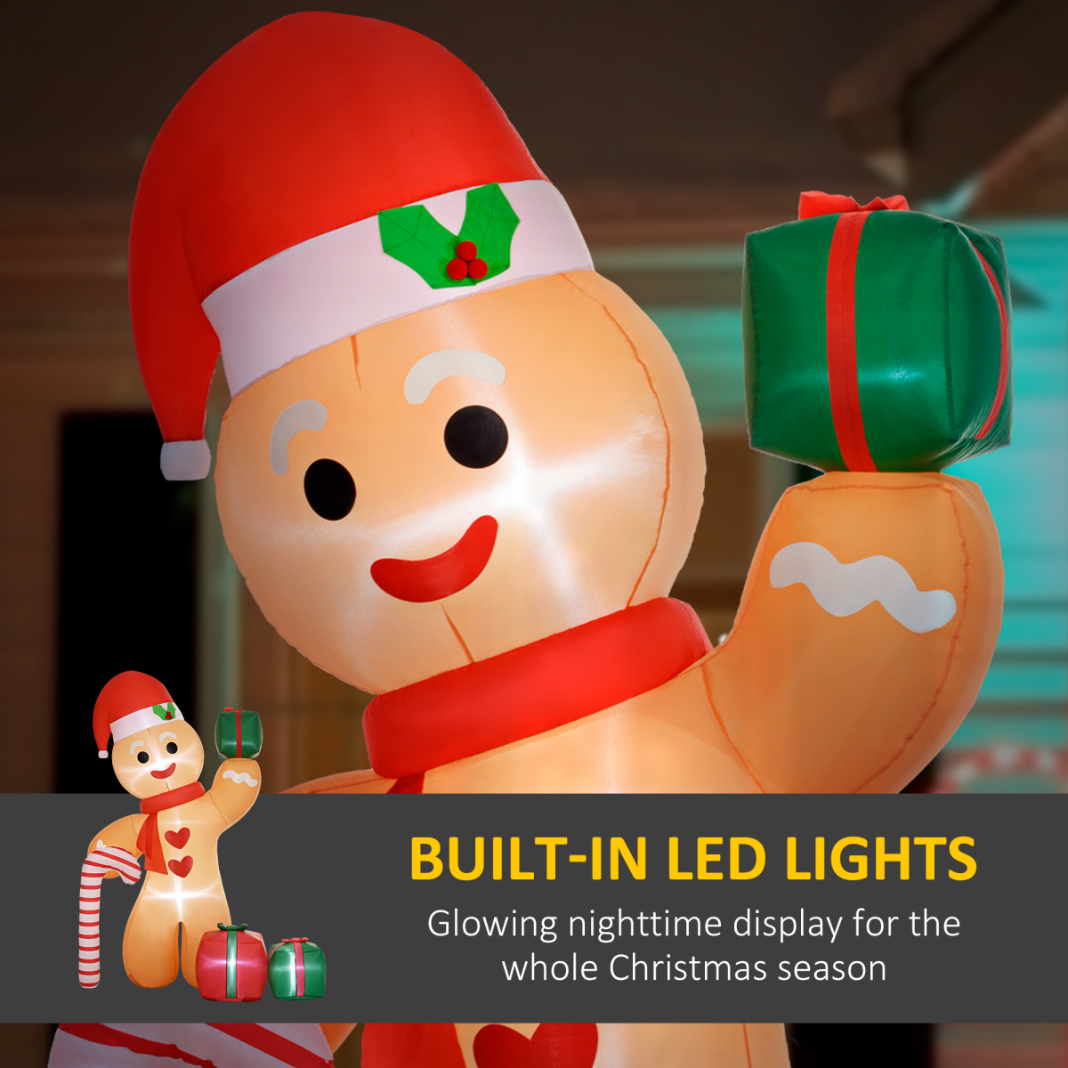 Outsunny 8ft Inflatable Christmas Gingerbread Man with Candy Cane & Gift Bags – LED Outdoor Party Decoration