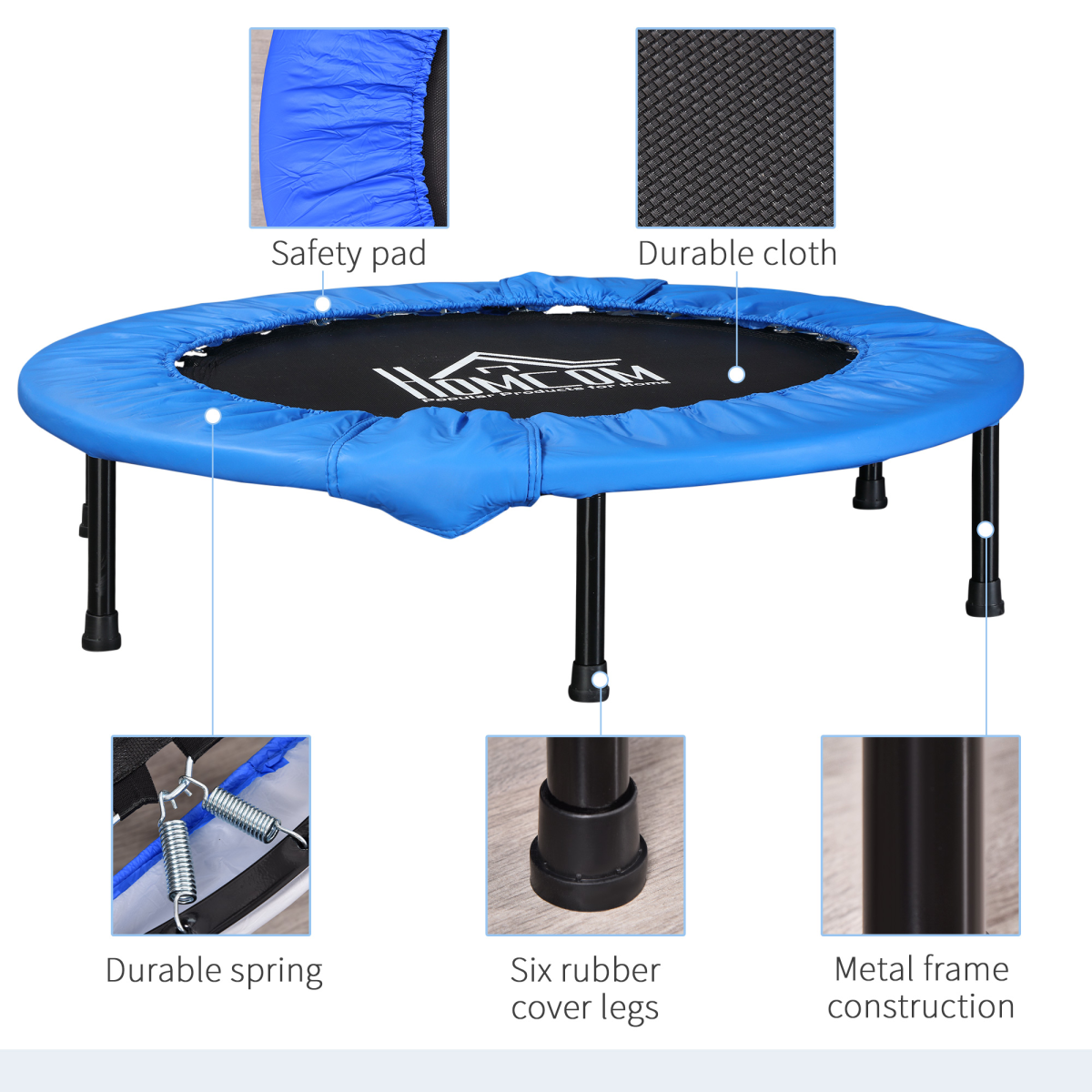 HOMCOM Foldable Mini Fitness Trampoline with 30 Springs – Portable Exercise Rebounder for Home Workouts, Blue