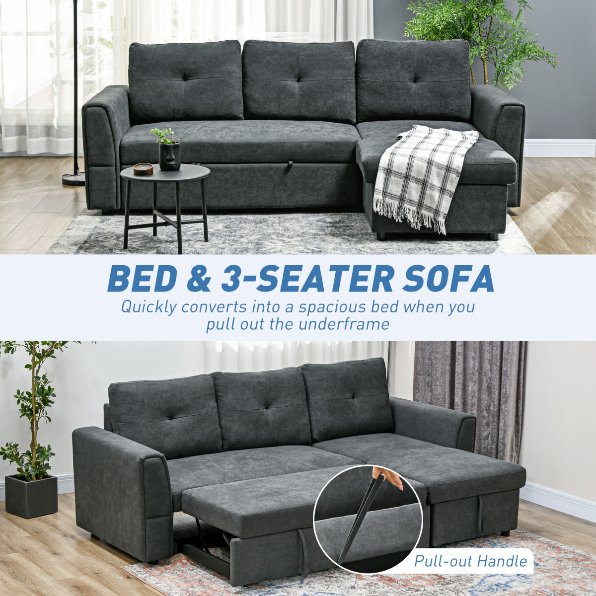 HOMCOM Dark Grey Sofa Bed pulled out into bed position