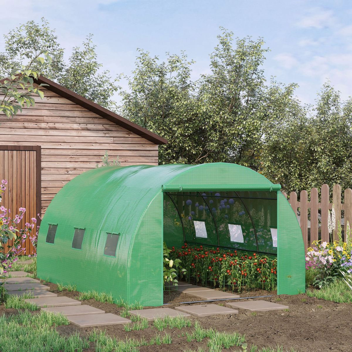 Walk-in Polytunnel Greenhouse with Zipped Door & Roll-up Windows – Galvanised Steel Frame, 300 x 397 x 200cm, Green