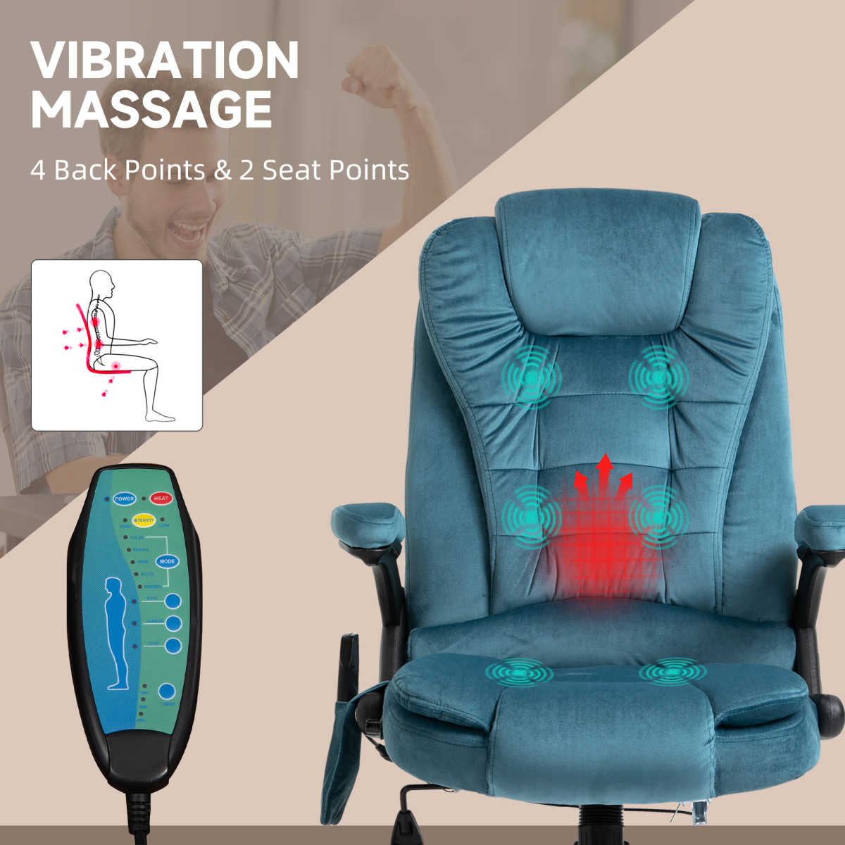 Executive Reclining Office Chair with Heated Massage & Padded Headrest – Swivel Base, Blue