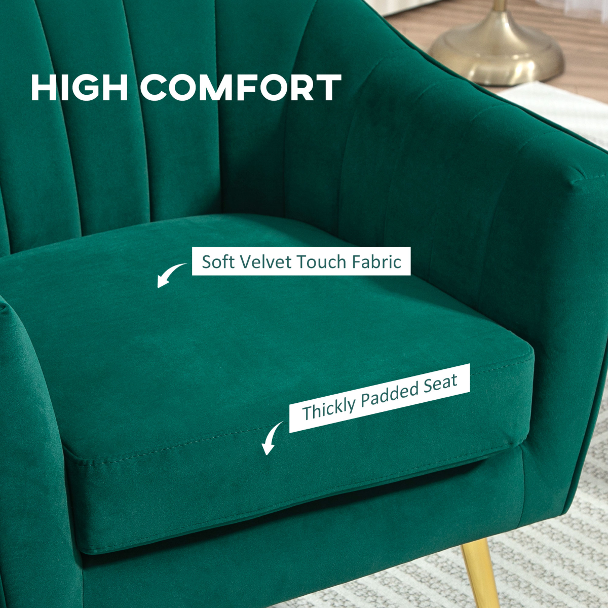 HOMCOM Shell-Back Flocked Fabric Accent Armchair with Metal Legs – Padded Seat, Adjustable Feet