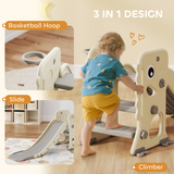 AIYAPLAY Foldable 3-in-1 Kids Slide with Climber and Basketball Hoop – Dinosaur Theme Playset, Cream White