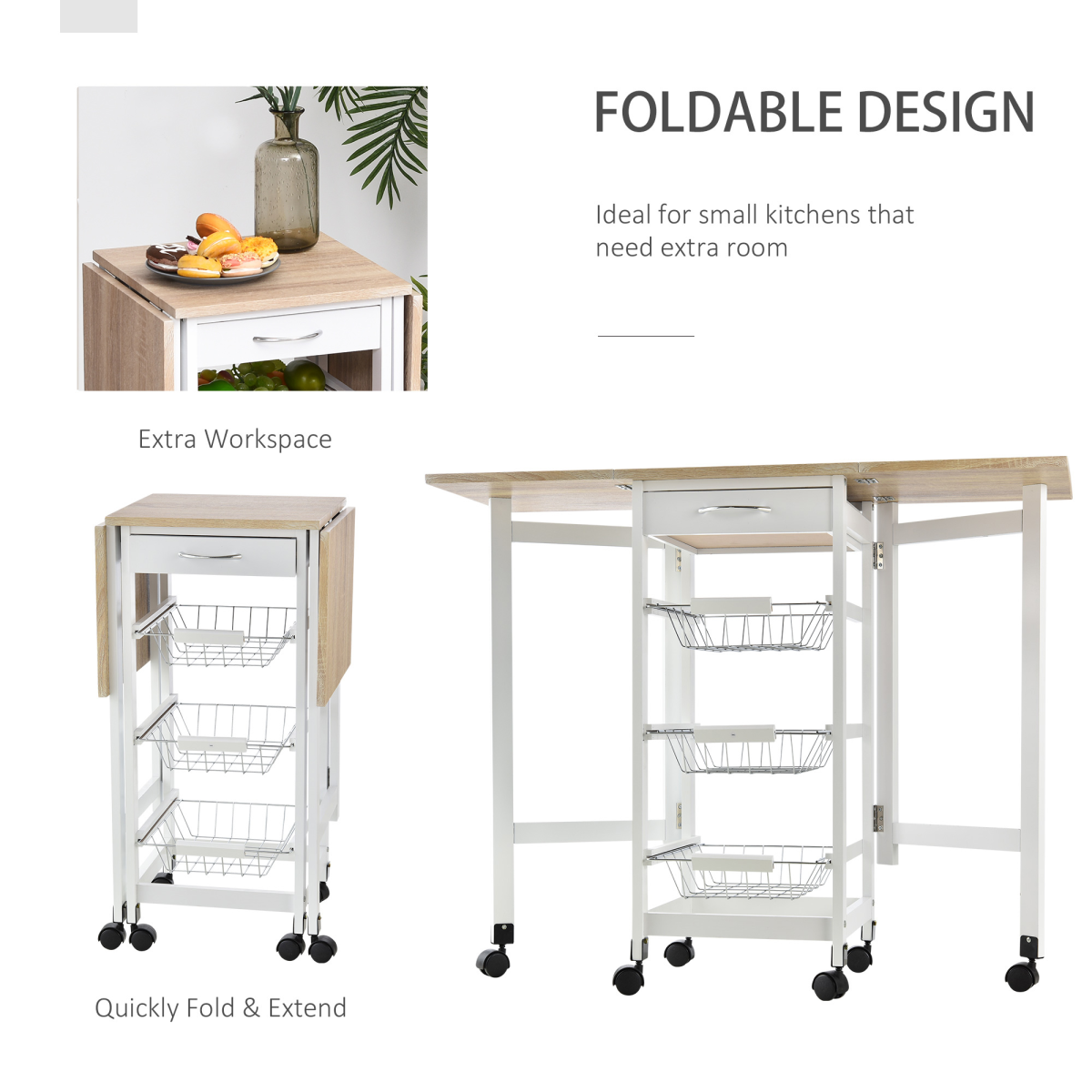 HOMCOM Extendable Drop Leaf Kitchen Island Trolley with Storage Shelves & Cabinet – White