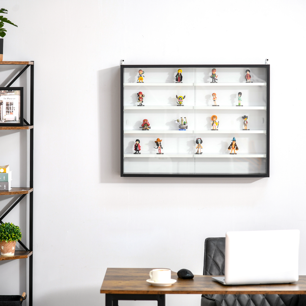 HOMCOM 5-Tier Wall Display Cabinet with Glass Doors & Adjustable Shelves – Collectibles Storage, Black/White