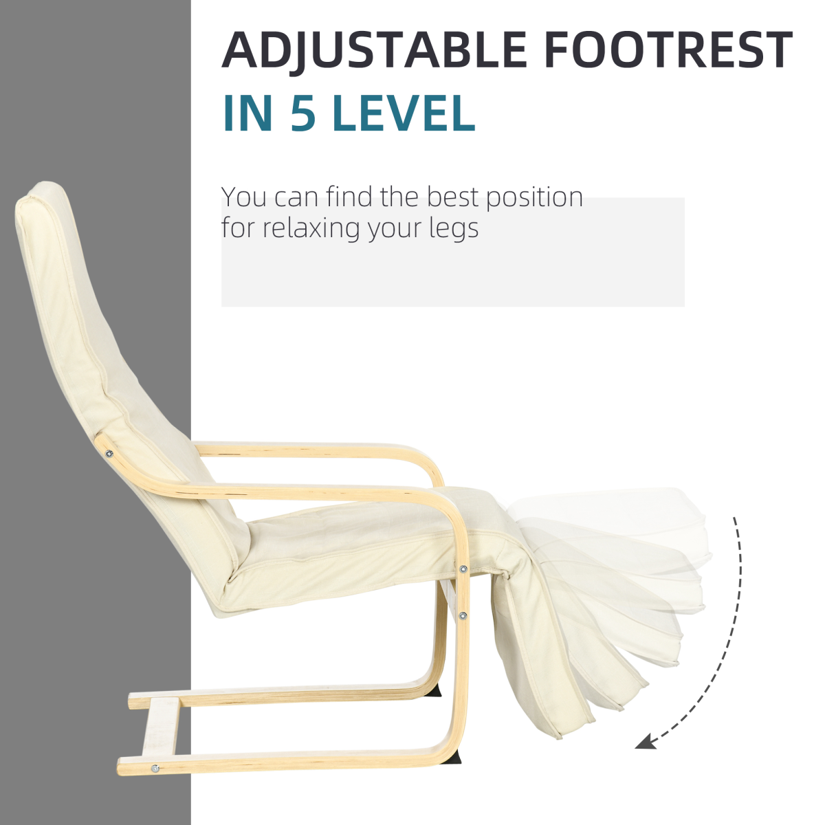 HOMCOM Lounge Armchair with 5-Level Adjustable Footrest and Padded Seat – Wooden Frame, Cream White