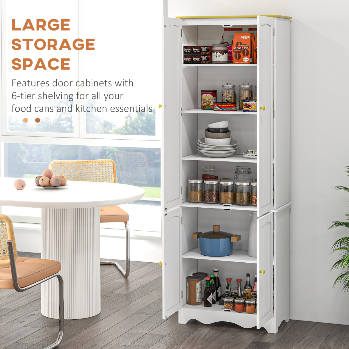 Freestanding 4-Door Kitchen Cupboard with 4 Shelves – Pantry Storage for Dishes, Pans & Dry Goods, White