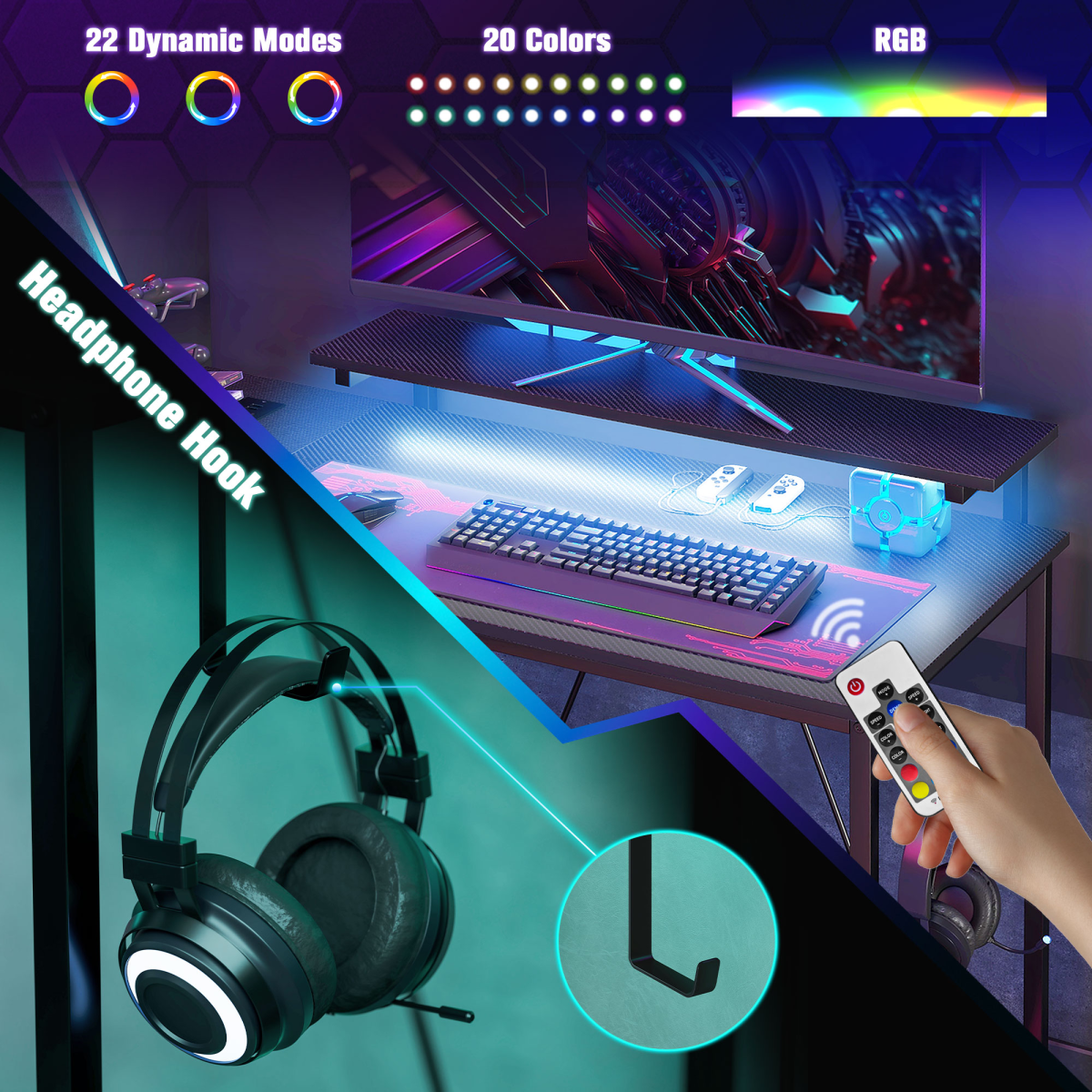 HOMCOM Reversible L-Shaped Gaming Desk with Remote-Controlled LED Lights & Storage Shelves