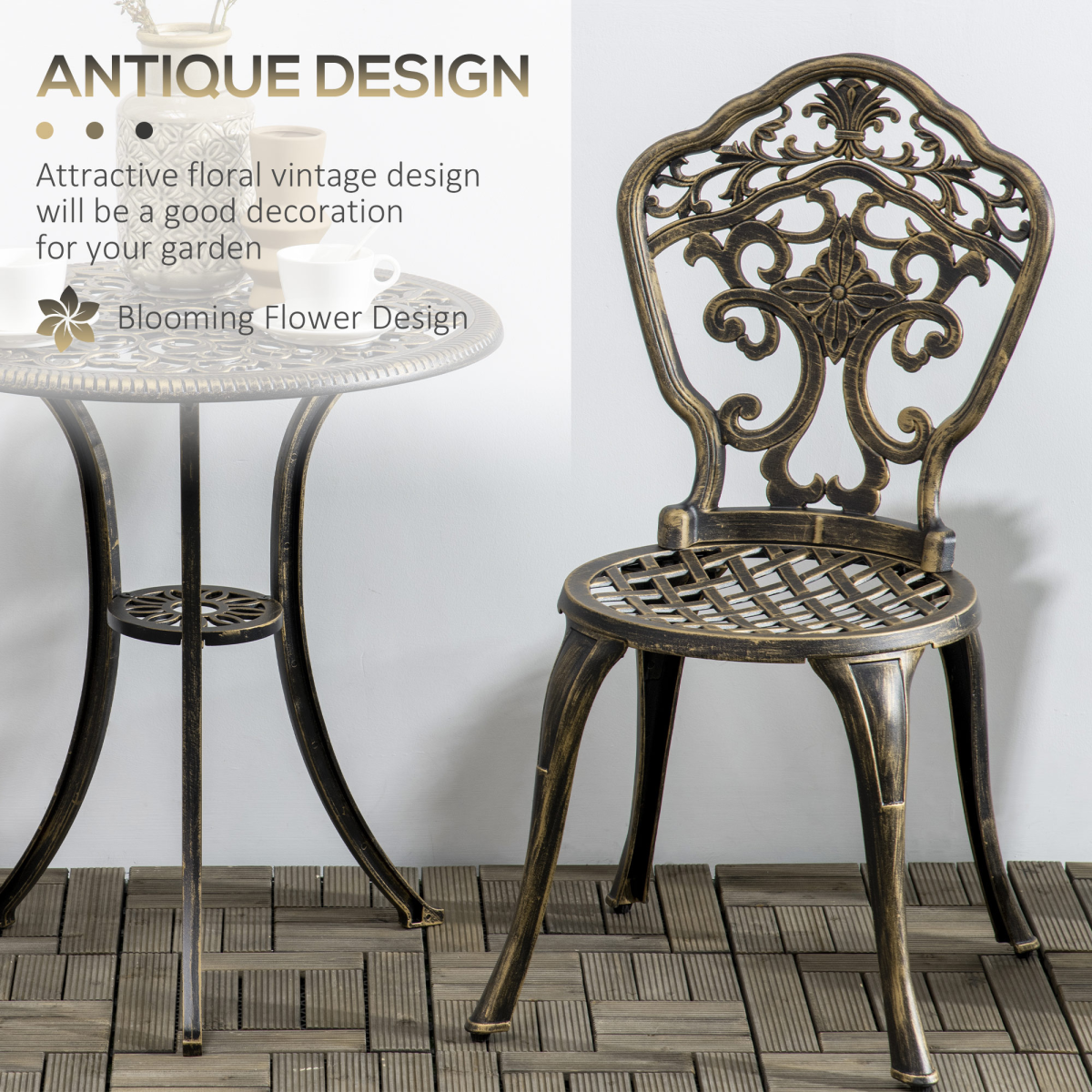 Outsunny 3-Piece Cast Aluminium Bistro Set with Parasol Hole – Two Armless Chairs & Round Table for Patio, Bronze