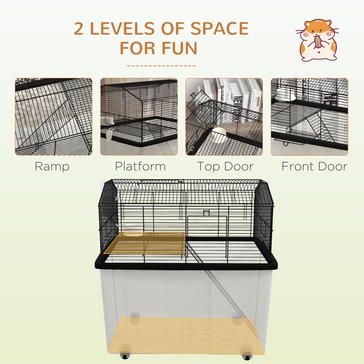 PawHut Two-Tier Hamster Cage with Deep Base, Ramp & Food Dish – Gerbil & Syrian Hamster Home on Wheels, Black