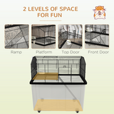PawHut Two-Tier Hamster Cage with Deep Base, Ramp & Food Dish – Gerbil & Syrian Hamster Home on Wheels, Black