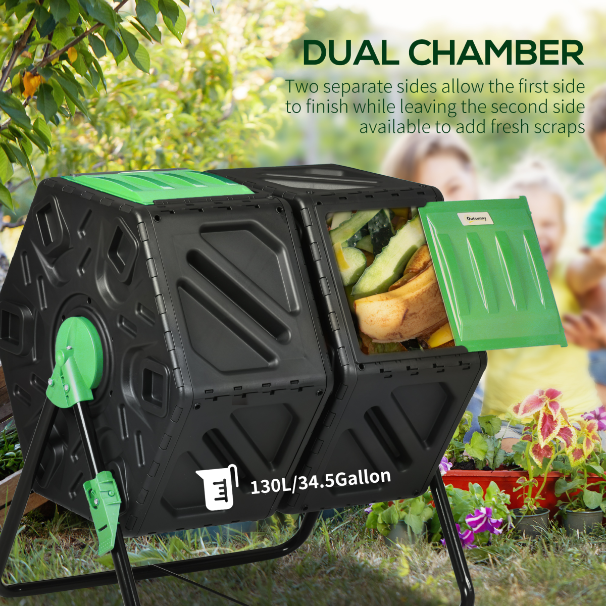 Outsunny 130L Dual Chamber Rotating Compost Bin Tumbler with Ventilation Holes – Garden Composter