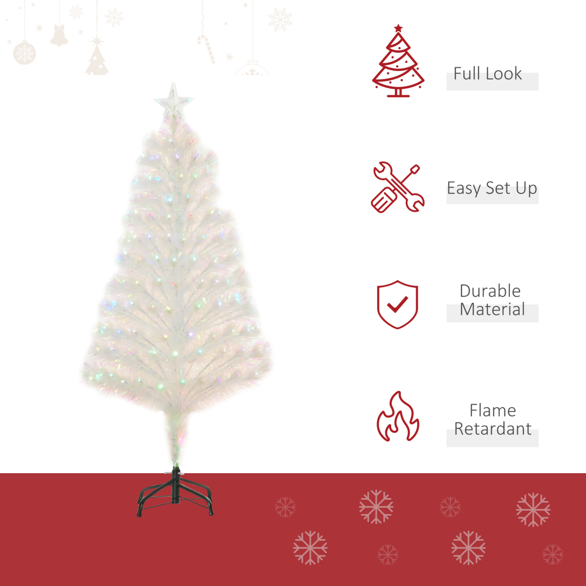 HOMCOM 4ft Pre-Lit Artificial Christmas Tree with Multi-Coloured Fibre Optic and LED Lights – Foldable, White