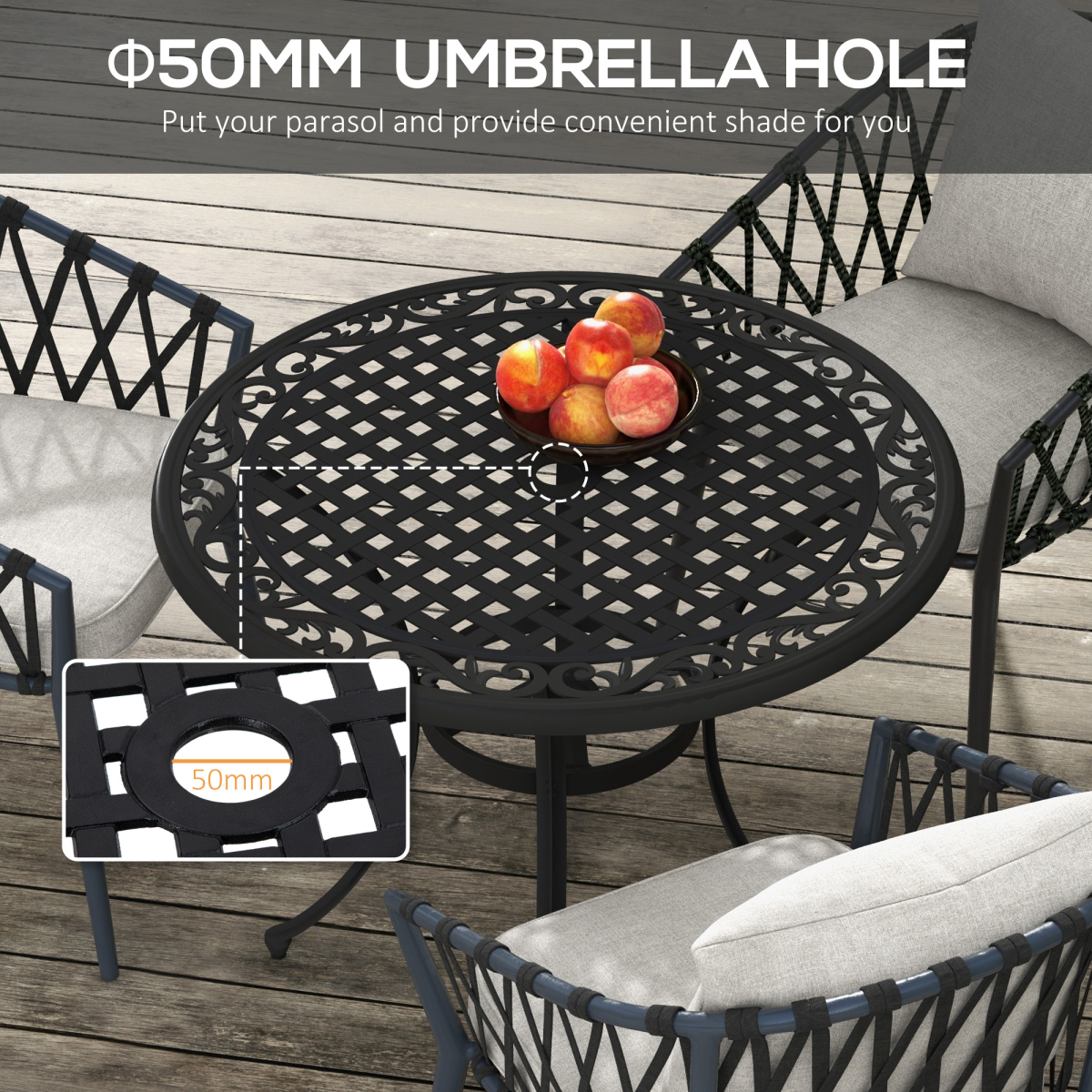 Outsunny 90cm Round Cast Aluminium Garden Table with 50mm Parasol Hole – Outdoor Patio Dining Table, Black