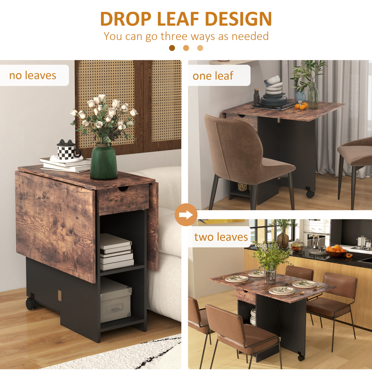 HOMCOM Expandable Dining Table with Built-In Storage – Seats Four, Rustic Brown Wood-Effect Kitchen Table