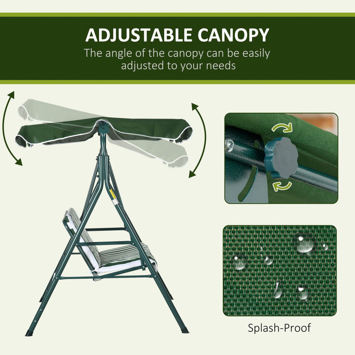 Outsunny 3-Person Porch Swing Chair with Tilting Canopy and Cushions – Steel Garden Swing Seat, Green