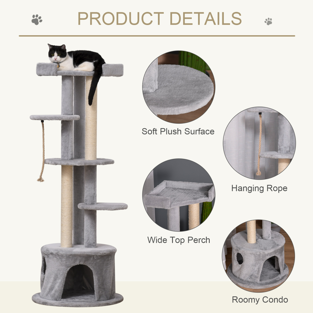 Pawhut Multi-level Cat Tree with Plush Perches, Condo and Jute Scratching Posts – Kitten Tower with Dangling Rope