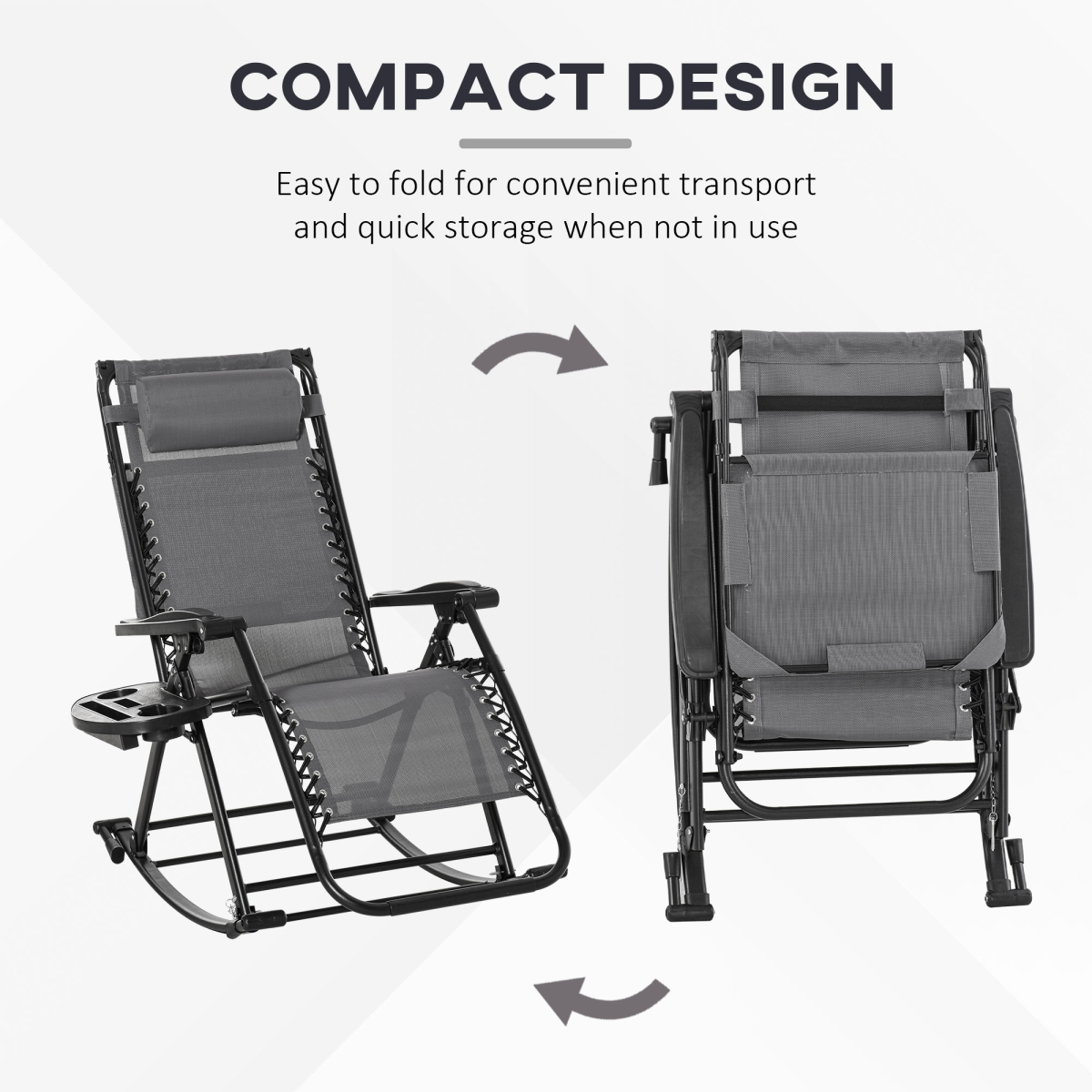 Folding Zero-Gravity Recliner Rocker with Canopy, Padded Headrest and Side Tray – Outdoor Lounge Chair, Grey
