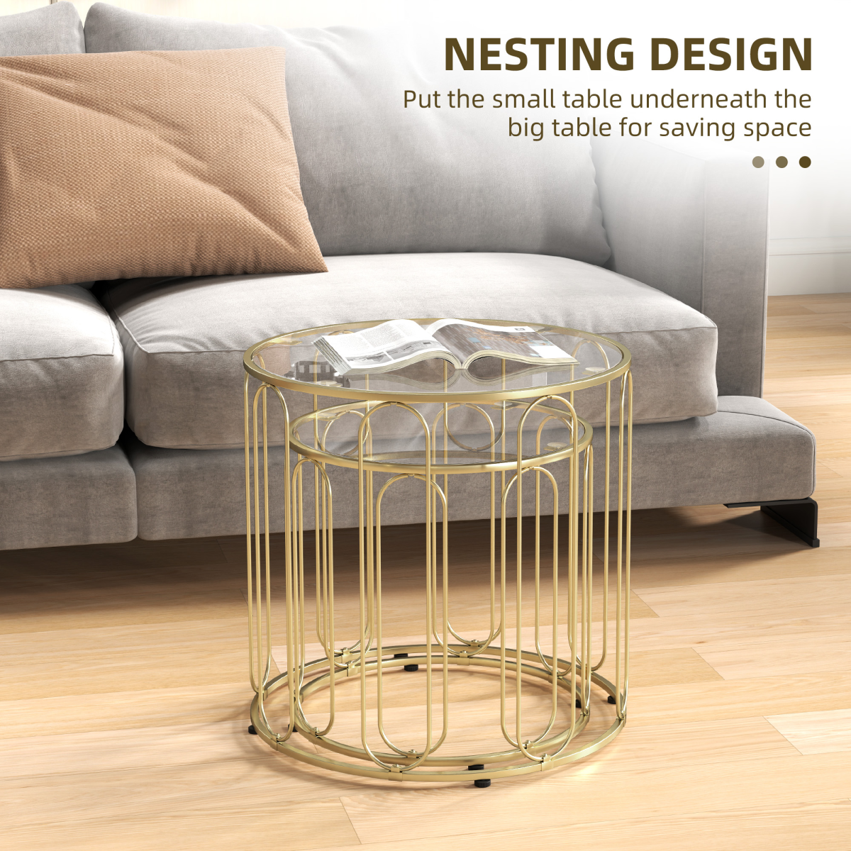 HOMCOM Coffee Table Set of 2 with Tempered Glass Tops – Nesting Tables with Geometric Metal Frame, Gold Tone