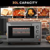 HOMCOM 30L Mini Oven with Adjustable Temp & 60 Min Timer, 1600W – Spacious Countertop Cooking, Silver