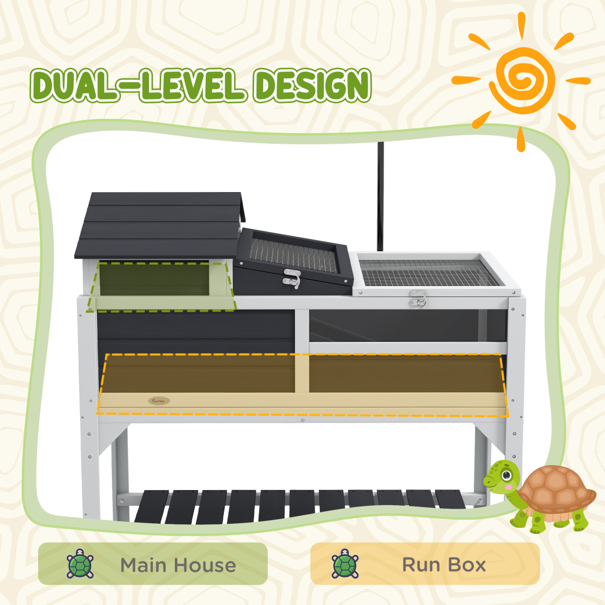 PawHut Two-Level Tortoise House with Adjustable Lamp Holder, Openable Lid and Storage Shelf, Grey