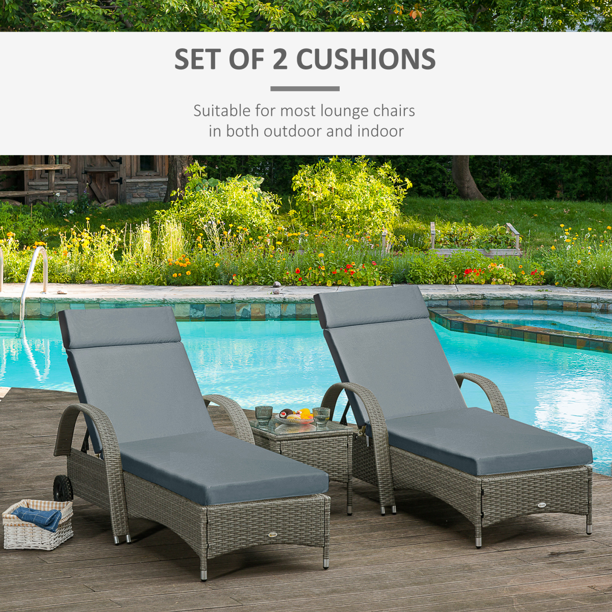 Outsunny Set of 2 Deep Seat Lounger Cushions with Corner Ties, Thick Cotton Filling – Outdoor Patio Cushions, Dark Grey