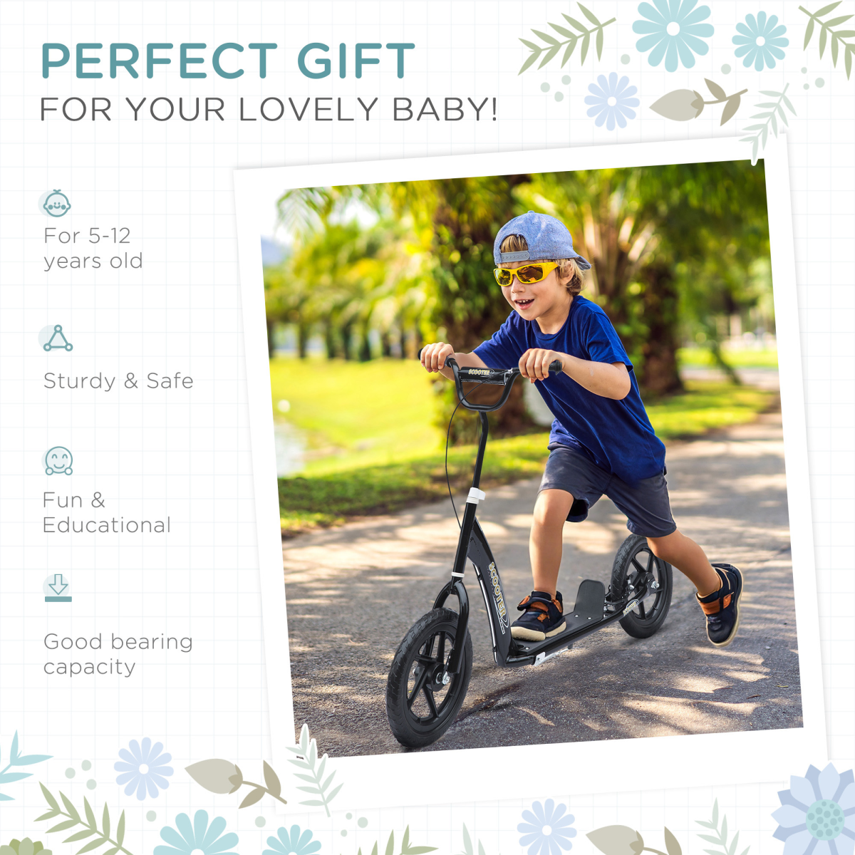 HOMCOM Push Scooter with 12" EVA Tyres, Adjustable Height & Rear Brake – Stunt Kick Scooter for Kids, Black