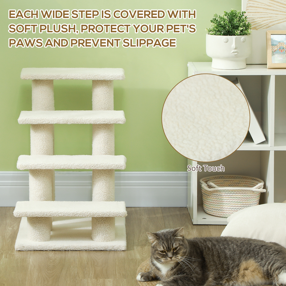 Pawhut Pet Ramp Stairs with 4 Steps and Faux Fur Cover – Cat and Dog Climbing Steps, Brown