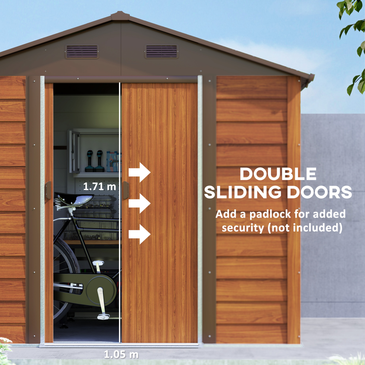 Outsunny 7.7 x 6.4ft Garden Shed with Lockable Sliding Door & Vents – Tool and Bike Storage, Brown