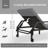 Outsunny PE Rattan Chaise Sun Lounger with 5-Level Adjustable Backrest, Cushion & Wheels – Garden Lounger, Grey
