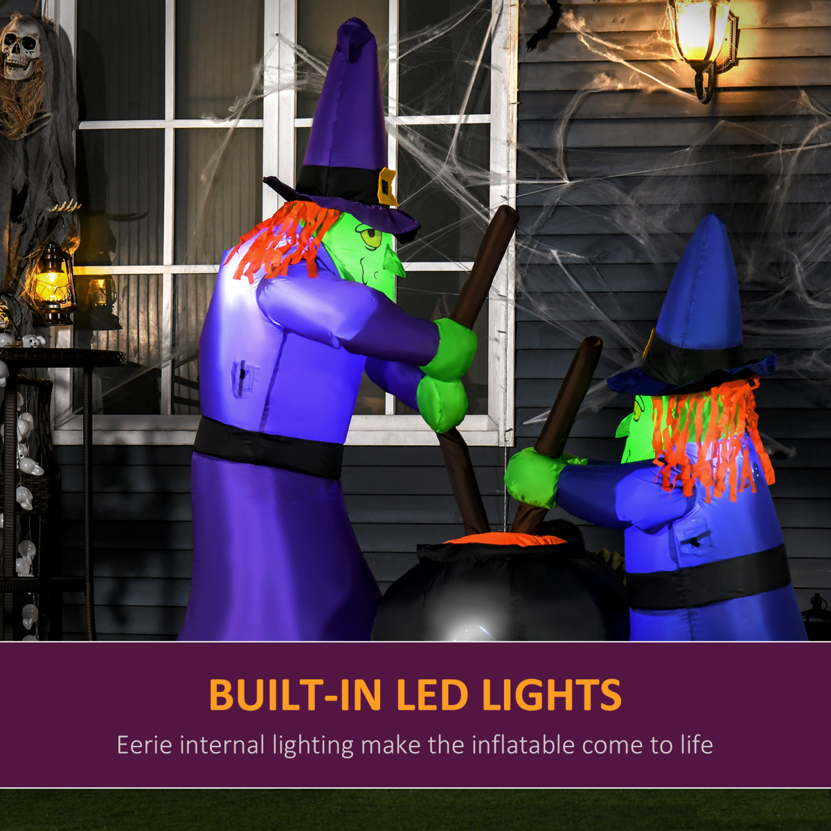 HOMCOM 1.8m Inflatable Halloween Witches Around a Black Cauldron with LED Lights – Outdoor Lawn Decoration