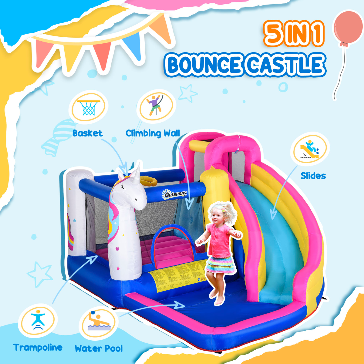 Outsunny 5 in 1 Bouncy Castle with Slide, Pool, Trampoline, Climbing Wall & Blower – Kids Ages 3-8