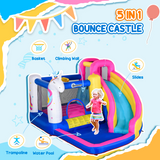 Outsunny 5 in 1 Bouncy Castle with Slide, Pool, Trampoline, Climbing Wall & Blower – Kids Ages 3-8