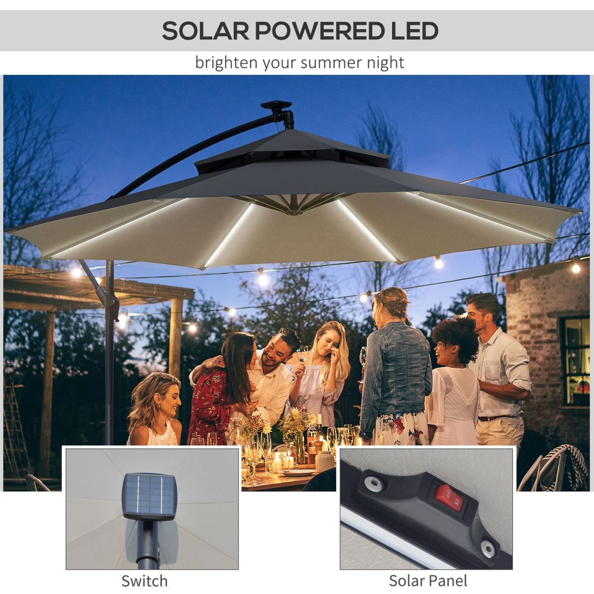 Outsunny 3m Cantilever Banana Parasol with Solar LED Lights, Crank Handle & Cross Base – Garden Shade, Grey