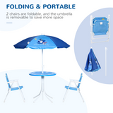 Kids Foldable Four-Piece Garden Set with Round Table, 2 Chairs & Umbrella – Shark Design Play Set, Blue
