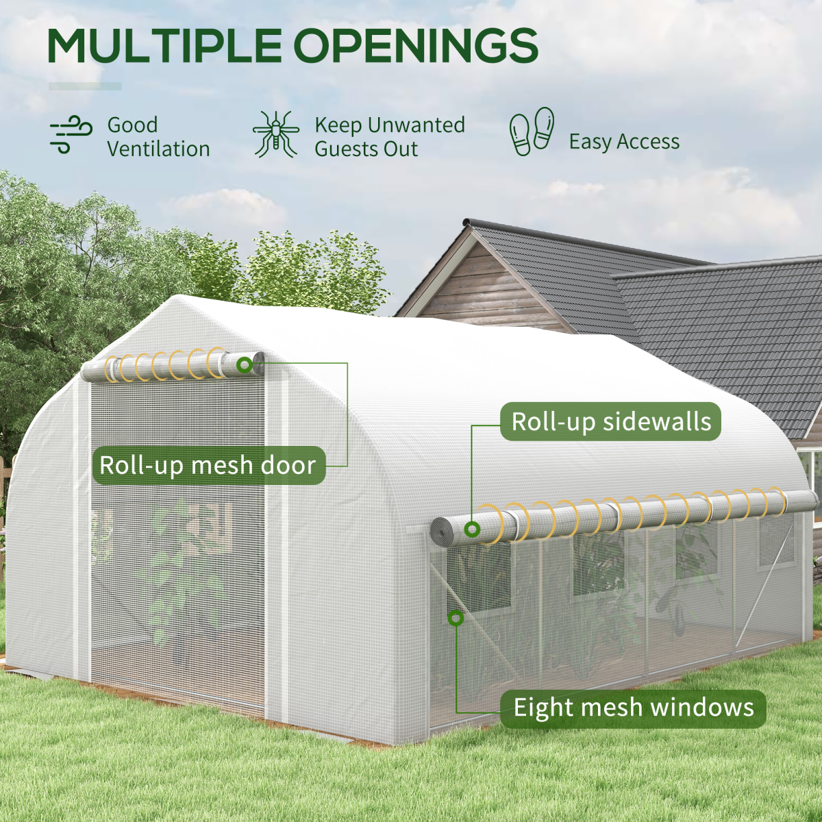 Outsunny 4 x 3m Polytunnel Greenhouse with Roll-Up Sidewalls, Mesh Door & Plant Labels, Galvanised Steel, White