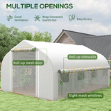 Outsunny 4 x 3m Polytunnel Greenhouse with Roll-Up Sidewalls, Mesh Door & Plant Labels, Galvanised Steel, White