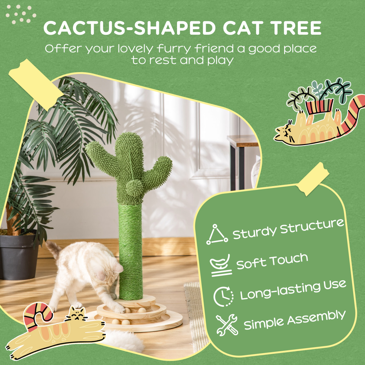 Pawhut Cactus Cat Tree with Sisal Scratching Post, Hanging Ball and Roller Platform – Compact Plush Activity Toy