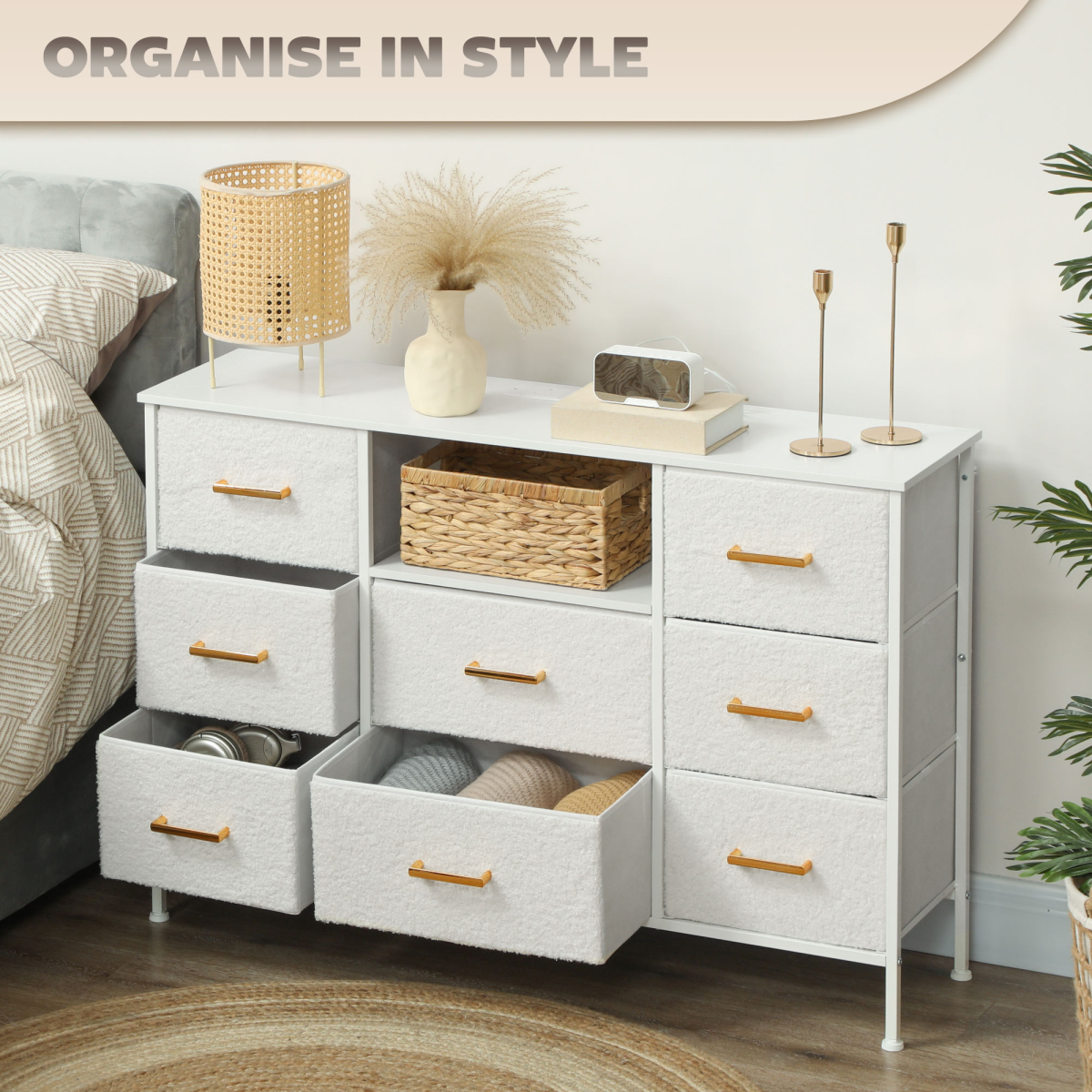 8-Drawer Chest of Drawers with Charging Station, USB & USB-C Ports – Boucle Fabric Storage Unit, Cream White