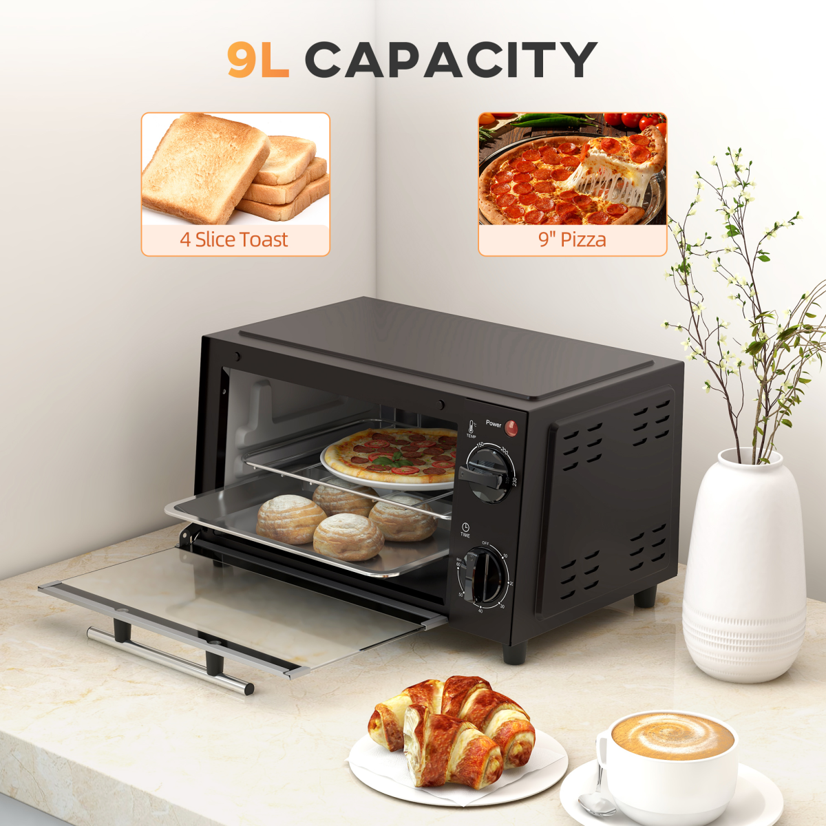 HOMCOM 9L Countertop Mini Oven & Toaster Grill, 750W – Compact Kitchen Oven with Timer