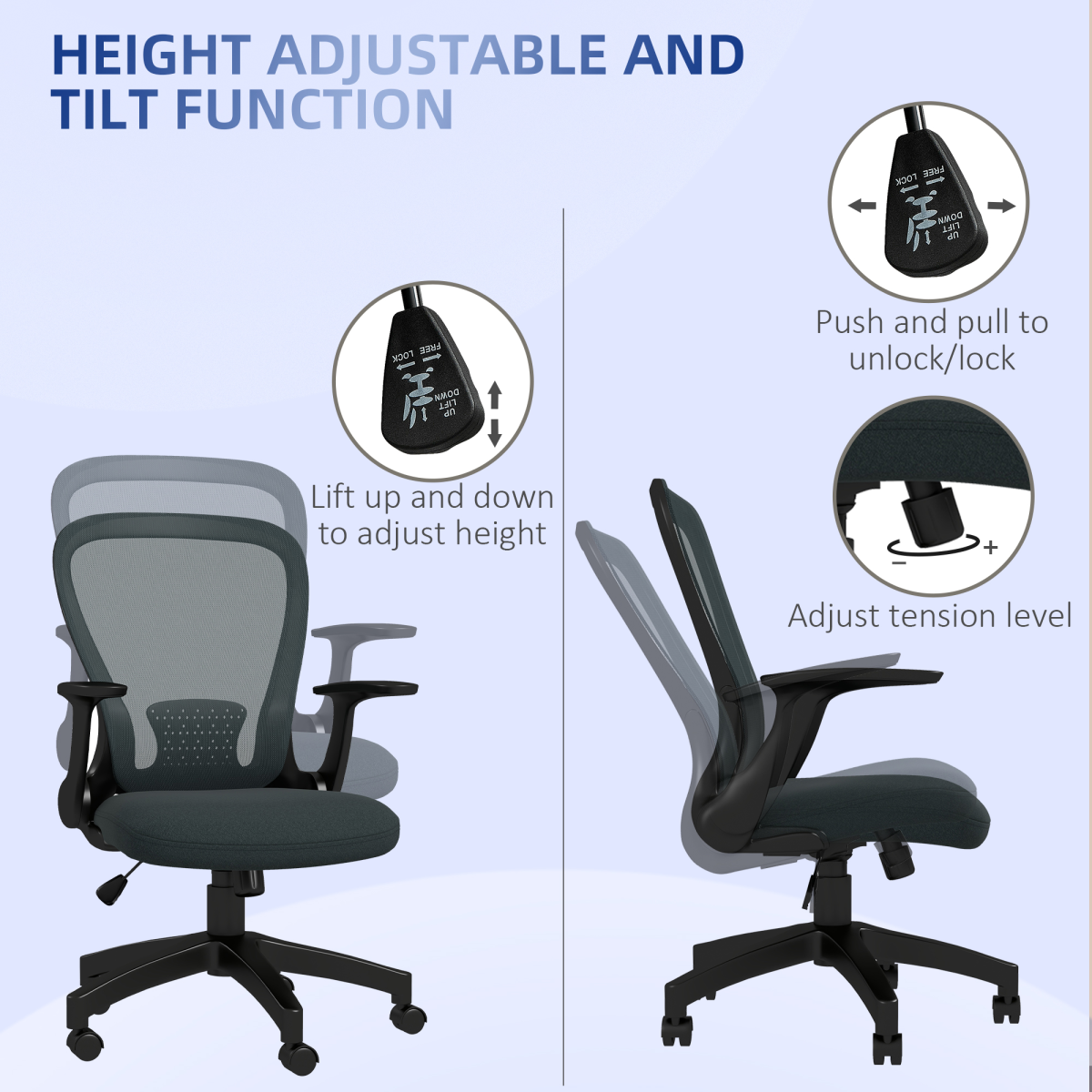 Vinsetto Mesh Office Chair with Flip-Up Arms & Tilt Function – Charcoal Grey