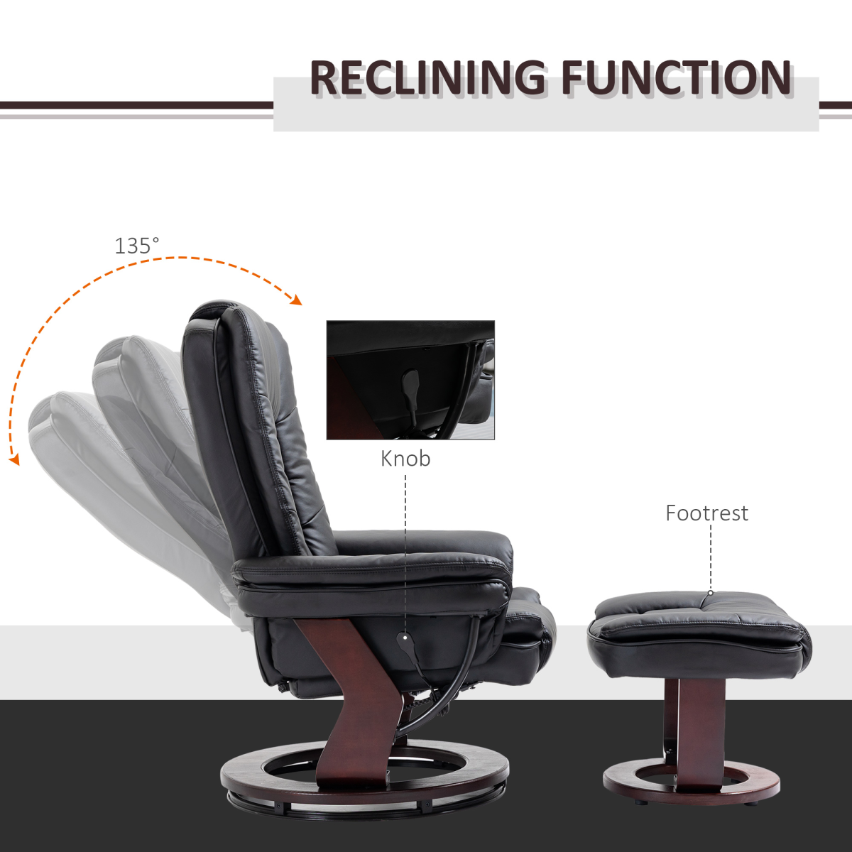 Swivel Manual Recliner Chair with Footstool – PU Faux Leather Lounge Armchair, Wood Base, 135° Recline, Black